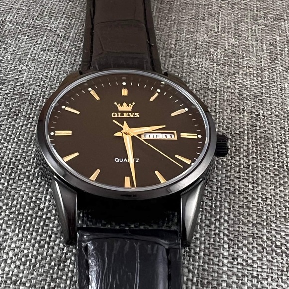 OLEVS Watches for Men Brown Leather Gold Case Analog Quartz Fashion Business - Picture 6 of 6